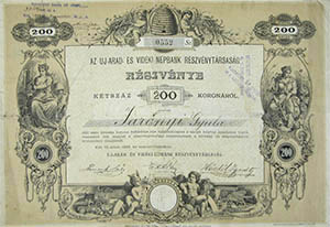 j-Arad s Vidke Npbank Rszvnytrsasg rszvny 200 korona 1893