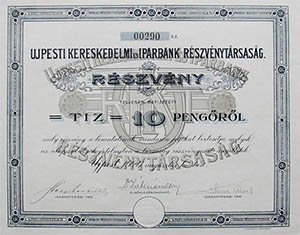 jpesti Kereskedelmi s Iparbank Rszvnytrsasg rszvny 10 peng 1926 jpest