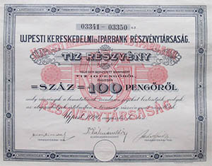 jpesti Kereskedelmi s Iparbank Rszvnytrsasg rszvny 10x10 100 peng 1926 jpest