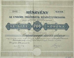 Ungvri Fillrbank Rszvnytrsasg rszvny 200 korona 1912 Ungvr
