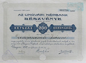 Ungvri Npbank Rszvnytrsasg rszvny 200 korona 1912