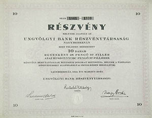 Ungvlgyi Bank Rszvnytrsasg rszvny 10 x 28 peng 57 fillr 1942 Nagyberezna