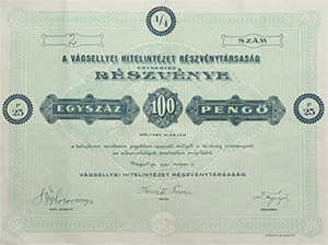 Vgsellyei Hitelintzet Rszvnytrsasg 1/4 rszvny 25 peng 1939