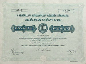 Vgsellyei Hitelintzet Rszvnytrsasg rszvny 100 peng 1939