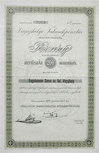 Vgujhelyi Takarkpnztr Rszvnytrsasg rszvny 200 korona 1911 Vgujhely
