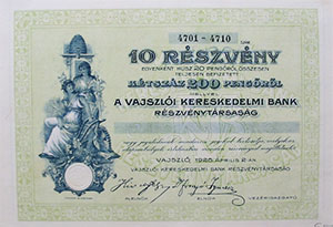 Vajszli Kereskedelmi Bank Rszvnytrsasg rszvny 10x20 200 peng 1928 Vajszl