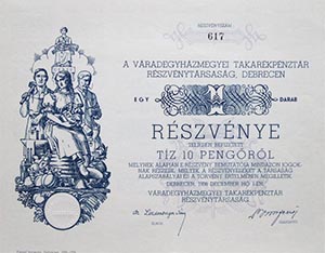Vradegyhzmegyei Takarkpnztr Rszvnytrsasg  Debrecen 10 peng 1938