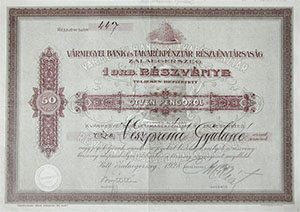 Vrmegyei Bank s Takarkpnztr Rszvnytrsasg  rszvny 50 peng 1928 Zalaegerszeg