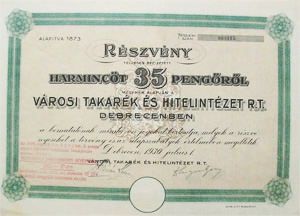 Vrosi Takark- s Hitelintzet Rszvnytrsasg  Debrecenben rszvny 35 peng 1930