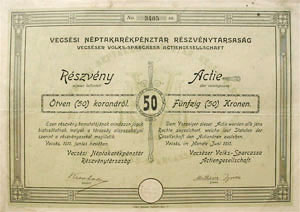 Vecssi Nptakarkpnztr Rszvnytrsasg rszvny 50 korona 1910