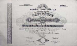 Vgvri Takarkpnztr Rszvnytrsasg rszvny 200 korona 1906
