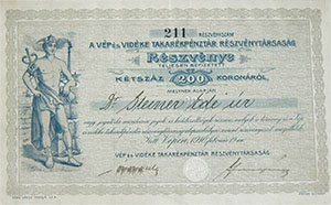 Vp s Vidke Takarkpnztr Rszvnytrsasg rszvny 200 korona 1910