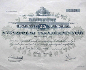 Veszprmi Takarkpnztr Rszvnytrsasg rszvny 25 peng 1926
