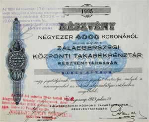 Zalaegerszegi Kzponti Takarkpnztr Rszvnytrsasg rszvny 4000 korona 1923 Zalaegerszeg