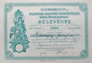 Zalamegyei Gazdasgi Takarkpnztr Rszvnytrsasg rszvny 2000 korona 1923