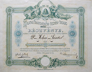 Zalatnai Takarkpnztr Rszvnytrsasg rszvny 60 korona 1893 Zalatna