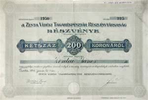 Zenta Vidki Takarkpnztr Rszvnytrsasg rszvny 200 korona 1911 Zenta