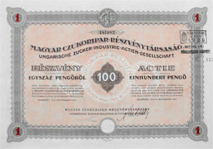 Magyar Czukoripari Rszvnytrsasg  rszvny 100 peng 1941