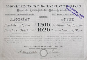 Magyar Czukoripari Rszvnytrsasg rszvny 1200 korona 1020 mrka 1899
