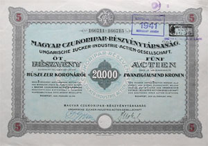 Magyar Czukoripari Rszvnytrsasg  5 x 20000 korona 1924