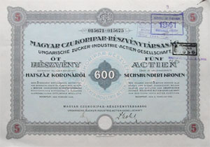 Magyar Czukoripari Rszvnytrsasg  5 x 600 korona 1923