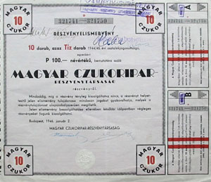 Magyar Czukoripari Rszvnytrsasg rszvnyelismervny 10x100 1000 peng 1946