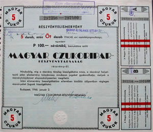 Magyar Czukoripari Rszvnytrsasg rszvnyelismervny 5x100 500 peng 1946