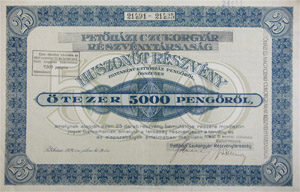 Pethzi Czukorgyr Rszvnytrsasg rszvny 25x200 5000 peng 1926 Pethza