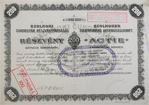 Szolnoki Cukorgyr Rszvnytrsasg rszvny 200 korona 1922 Szolnok