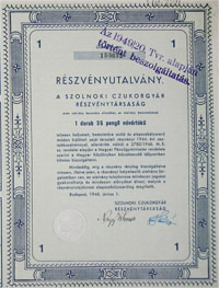 Szolnoki Czukorgyr Rszvnytrsasg rszvnyutalvny 35 pengo 1946