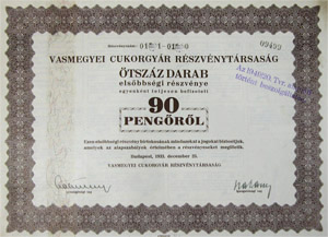 Vasmegyei Cukorgyr Rszvnytrsasg elsbbsgi rszvny 500x90 45000 peng 1933