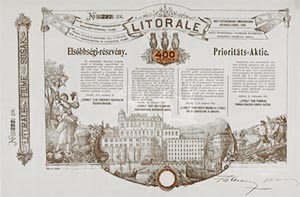 Litorale Első Tengerparti Konzervgyár Részvénytársaság Fiume elsőbbségi részvény 400 korona 1911