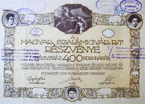 Magyar Szalmigyr Rszvnytrsasg rszvny 400 korona 1916
