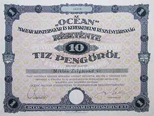 Ocean Magyar Konzervgyr s Kereskedelmi Rszvnytrsasg rszvny 10 peng 1926