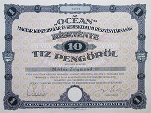 Ocean Magyar Konzervgyár és Kereskedelmi Részvénytársaság részvény 10 pengő 1926