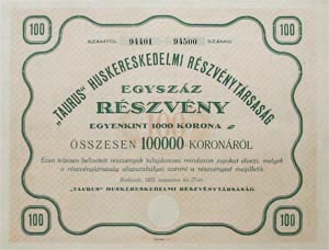Taurus Hskereskedelmi Rszvnytrsasg 100x1000 (100000) korona 1923