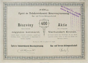 pt s Telekrtkest Rszvnytrsasg rszvny 400 korona 1907