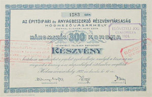 ptipari s Anyagbeszerz Rszvnytrsasg Hdmezvsrhely rszvny 300 korona 1922