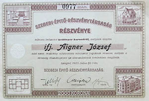 Szegedi pt Rszvnytrsasg rszvny  2000 korona 1920