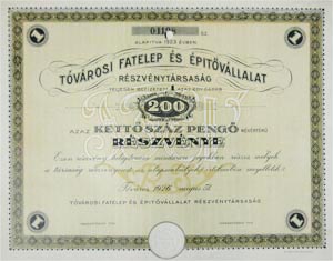 Tvrosi Fatelep s ptvllalat Rszvnytrsasg rszvny 200 peng 1926 Tvros