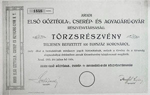 Aradi Els Gztgla-, Cserp-, s Agyagrugyr  Rszvnytrsasg trzsrszvny  100 korona 1913 Arad