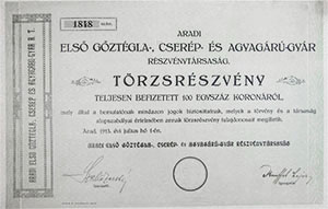 Aradi Első Gőztégla-, Cserép-, és Agyagárugyár Részvénytársaság törzsrészvény 100 korona 1913 Arad