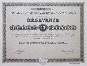Balatoni Cementgyár Részvénytársaság 13 pengő 1926