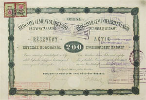 Beocsini Cementgyri Uni Rszvnytrsasg rszvny 200 korona 1906