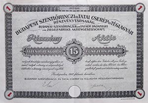 Budapest-Szentlrinci s Tatai Cserp- s Tglagyr  Rszvnytrsasg rszvny 15 peng 1927