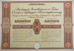 Budapest-Szentlrinci s Tatai Cserp- s Tglagyr  Rszvnytrsasg rszvny 25x30 750 peng 1936
