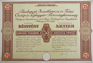 Budapest-Szentlőrinci és Tatai Cserép- és Téglagyár Részvénytársaság részvény 25x30 750 pengő 1936