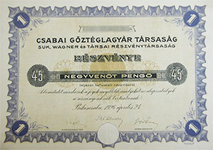 Csabai Gőztéglagyár Társaság, Suk, Wagner és Társai Részvénytársaság részvény 45 pengő 1926 Békéscsaba