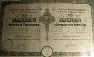 Csepeli ptsi Anyagok Gyra Rszvnytrsasg rszvny 25x5000 korona 1923