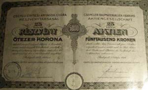 Csepeli Építési Anyagok Gyára Részvénytársaság részvény 25x5000 korona 1923